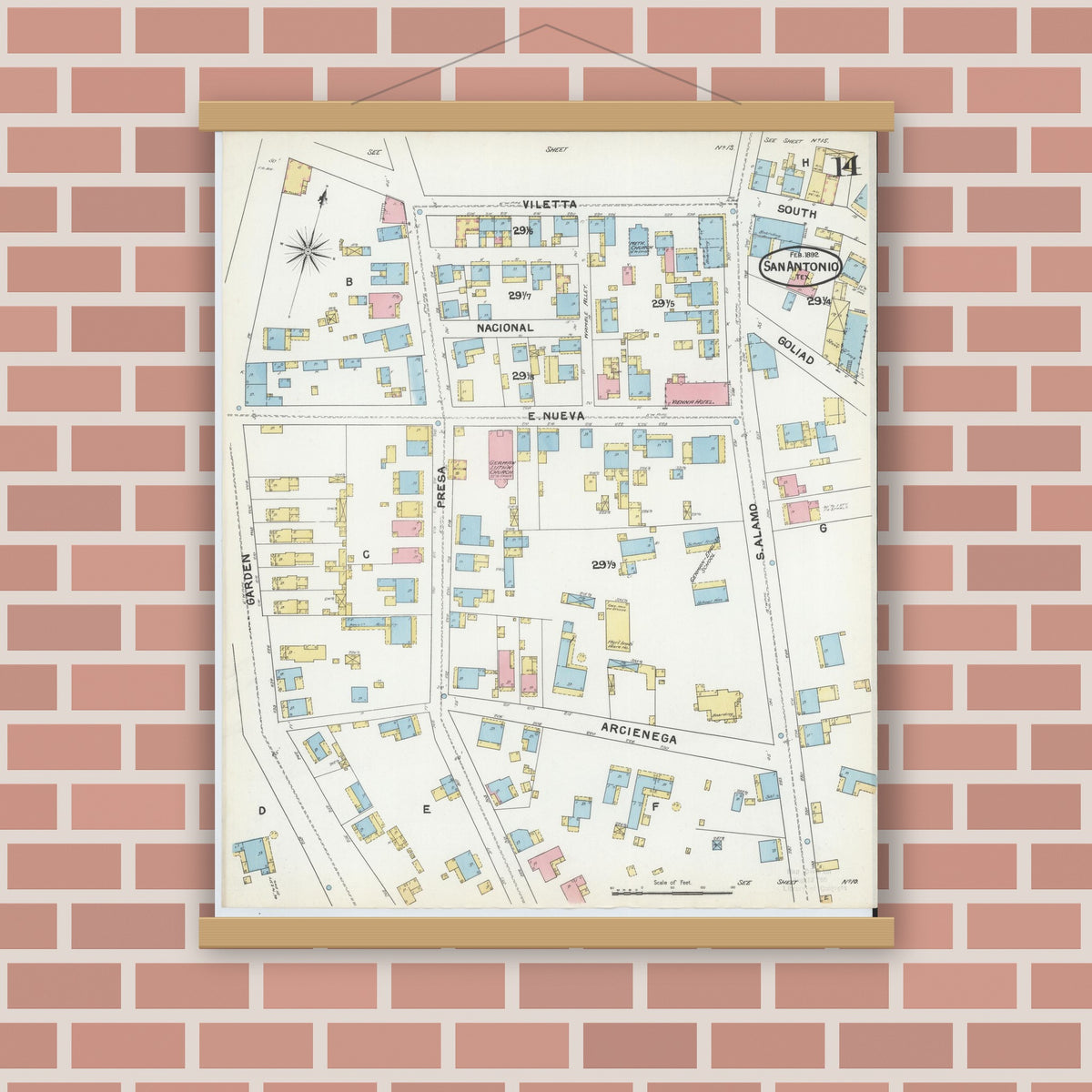 Old map wall art mockup — magnetic wood frame on brick wall — Sanborn Fire Insurance Map from San Antonio, Bexar County, Texas (1892), Sheet #0014