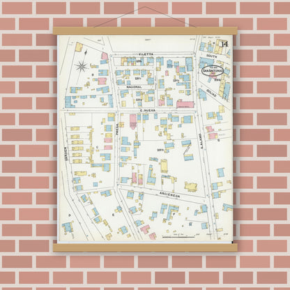 Old map wall art mockup — magnetic wood frame on brick wall — Sanborn Fire Insurance Map from San Antonio, Bexar County, Texas (1892), Sheet #0014