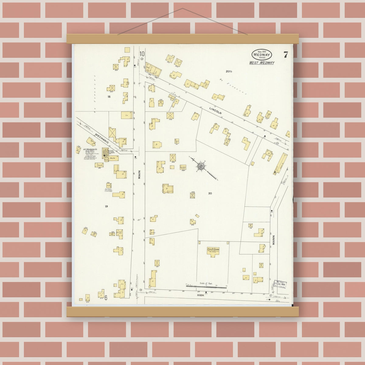 Old map wall art mockup — magnetic wood frame on brick wall — Sanborn Fire Insurance Map from Medway, Norfolk County, Massachusetts (1910), Sheet #0007