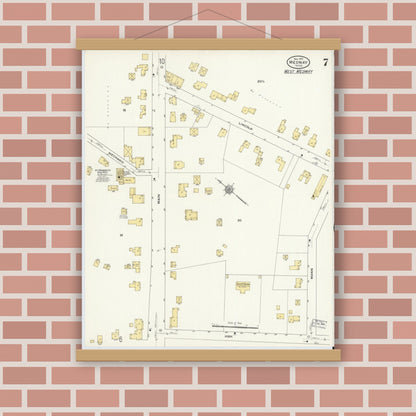 Old map wall art mockup — magnetic wood frame on brick wall — Sanborn Fire Insurance Map from Medway, Norfolk County, Massachusetts (1910), Sheet #0007