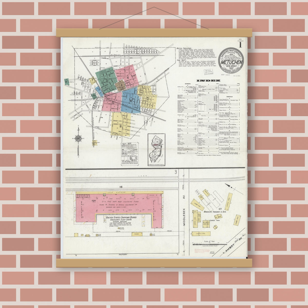 Old map wall art mockup — magnetic wood frame on brick wall — Sanborn Fire Insurance Map from Metuchen, Middlesex County, New Jersey (1920) - Complete Map Set