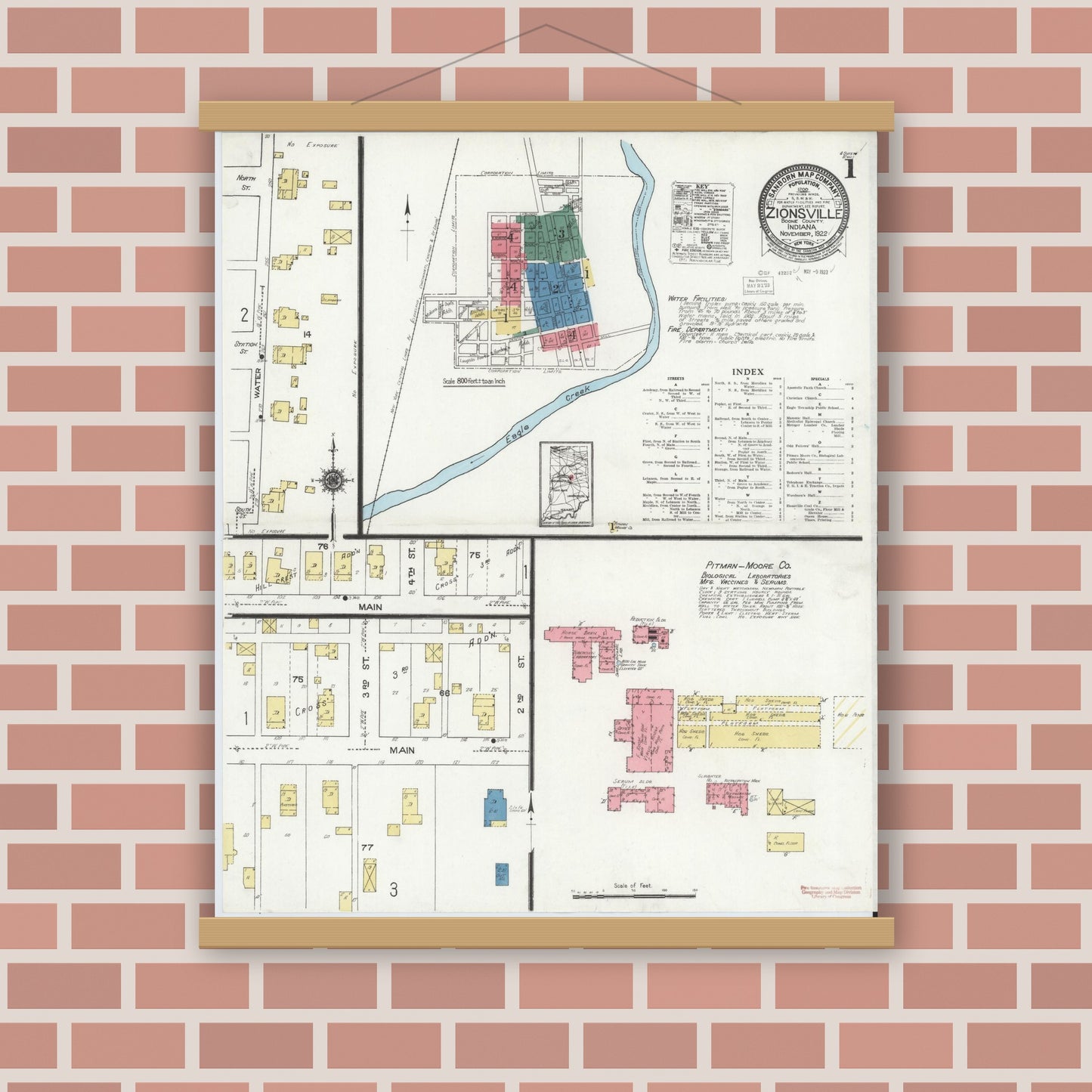 Old map wall art mockup — magnetic wood frame on brick wall — Sanborn Fire Insurance Map from Zionsville, Boone County, Indiana (1922) - Complete Map Set
