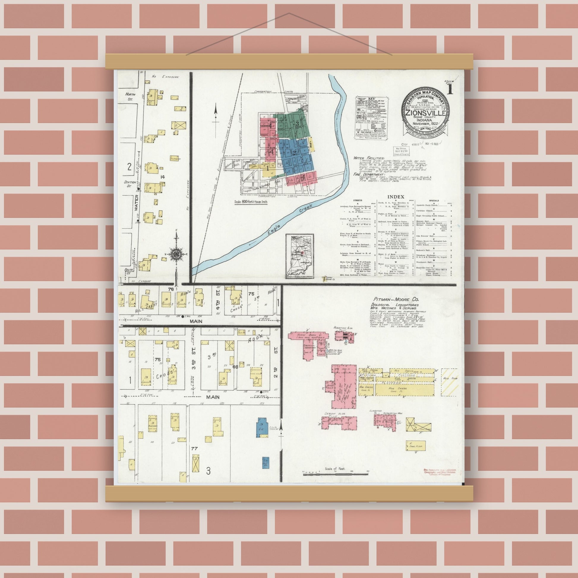 Old map wall art mockup — magnetic wood frame on brick wall — Sanborn Fire Insurance Map from Zionsville, Boone County, Indiana (1922) - Complete Map Set