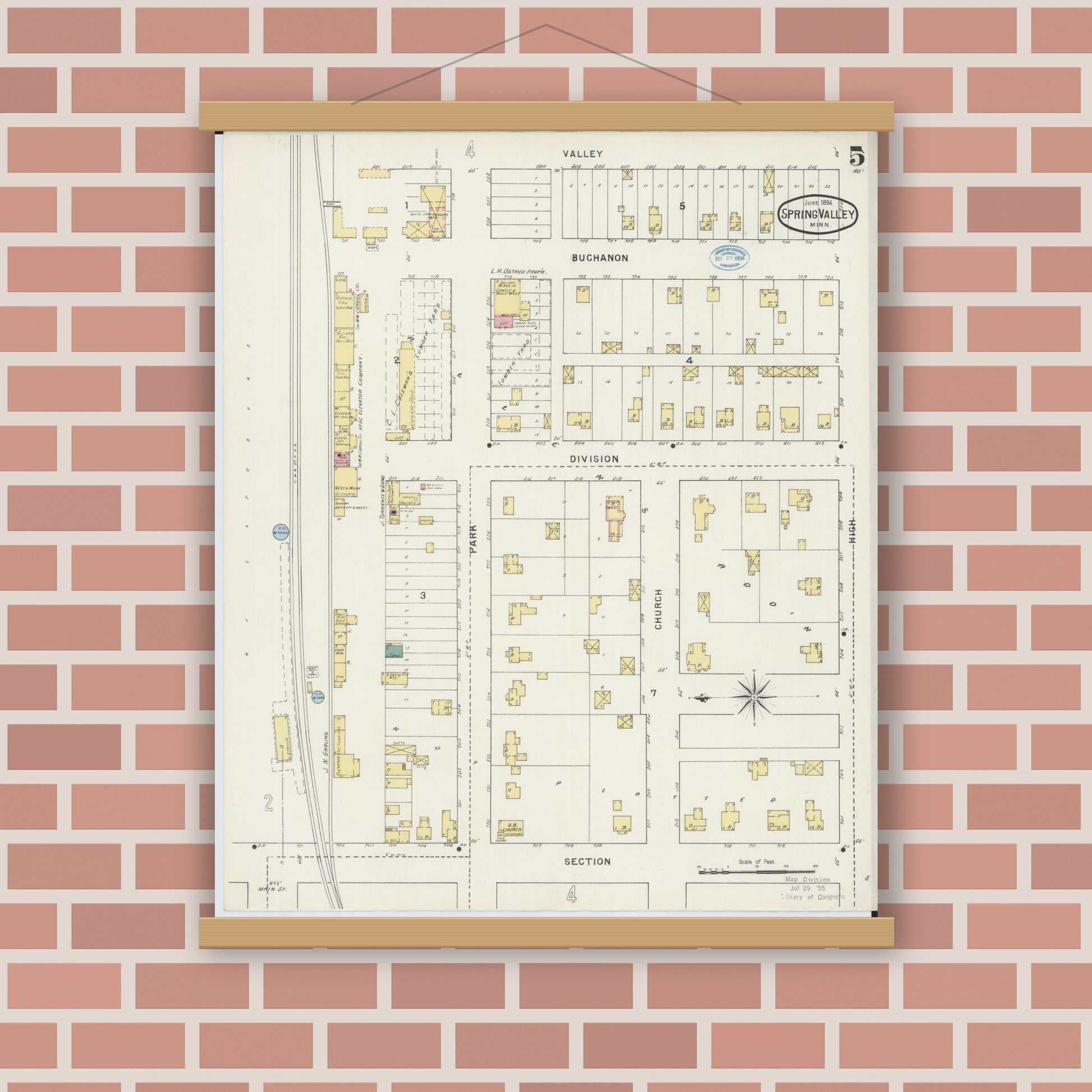 Old map wall art mockup — magnetic wood frame on brick wall — Sanborn Fire Insurance Map from Spring Valley, Fillmore County, Minnesota (1894), Sheet #0005