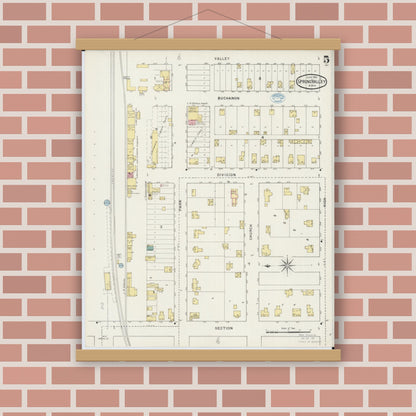 Old map wall art mockup — magnetic wood frame on brick wall — Sanborn Fire Insurance Map from Spring Valley, Fillmore County, Minnesota (1894), Sheet #0005