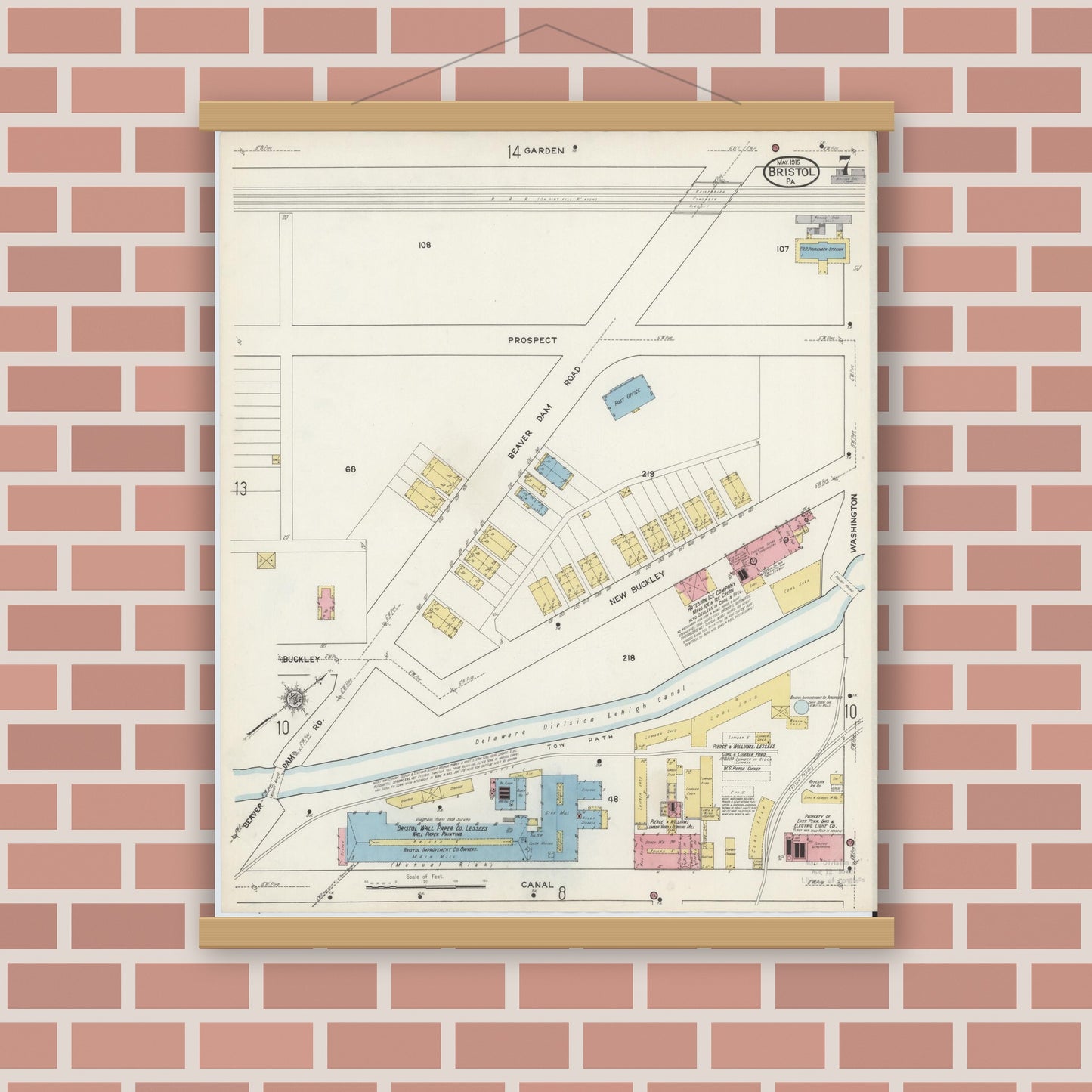 Old map wall art mockup — magnetic wood frame on brick wall — Sanborn Fire Insurance Map from Bristol, Bucks County, Pennsylvania (1915), Sheet #0007