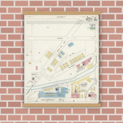 Old map wall art mockup — magnetic wood frame on brick wall — Sanborn Fire Insurance Map from Bristol, Bucks County, Pennsylvania (1915), Sheet #0007