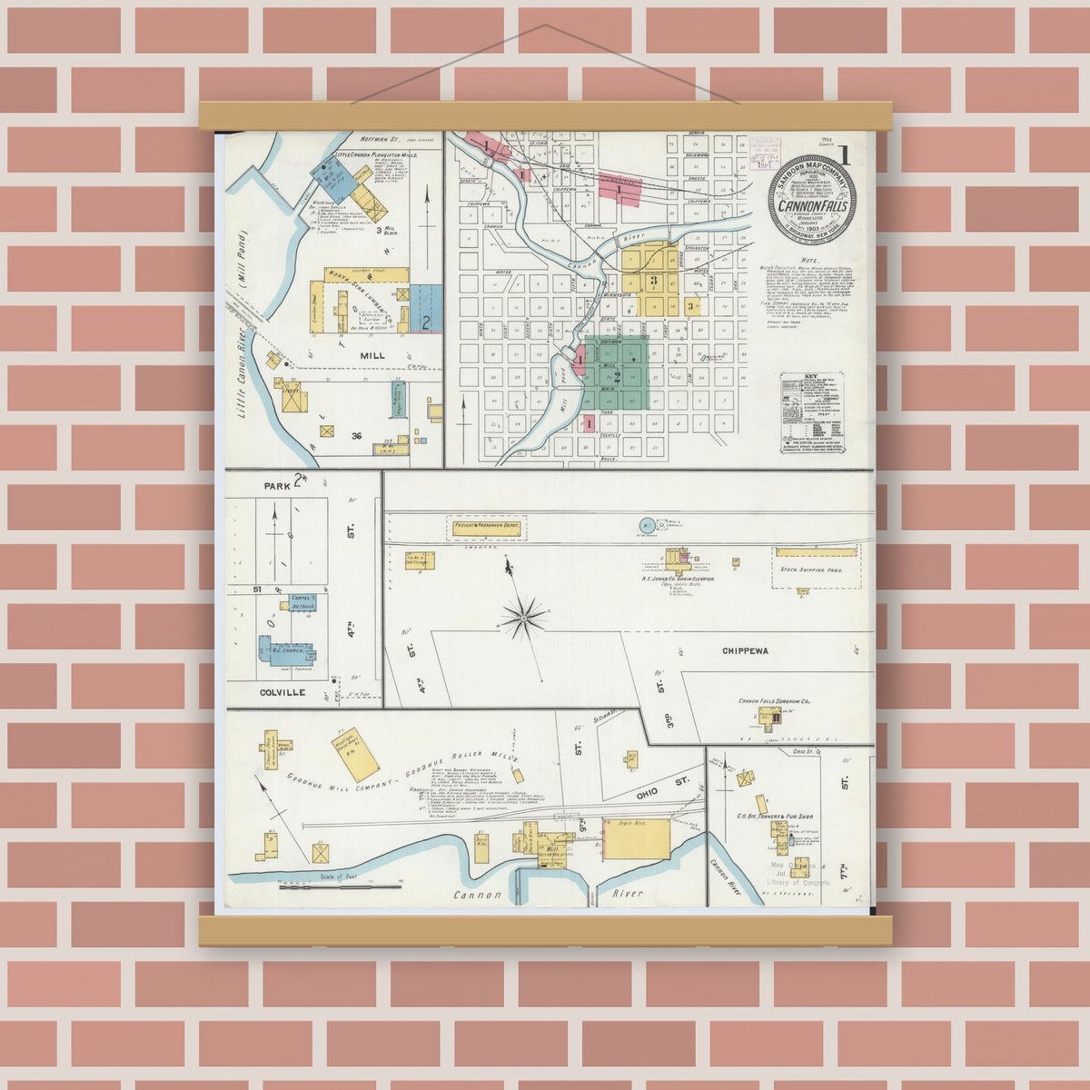Old map wall art mockup — magnetic wood frame on brick wall — Sanborn Fire Insurance Map from Cannon Falls, Goodhue County, Minnesota (1905) - Complete Map Set
