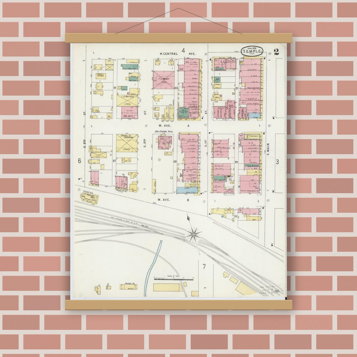 Old map wall art mockup — magnetic wood frame on brick wall — Sanborn Fire Insurance Map from Temple, Bell County, Texas (1896), Sheet #0002