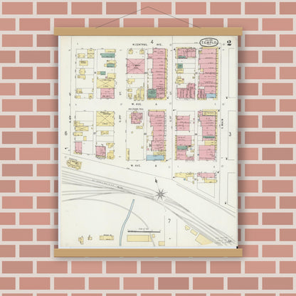 Old map wall art mockup — magnetic wood frame on brick wall — Sanborn Fire Insurance Map from Temple, Bell County, Texas (1896), Sheet #0002