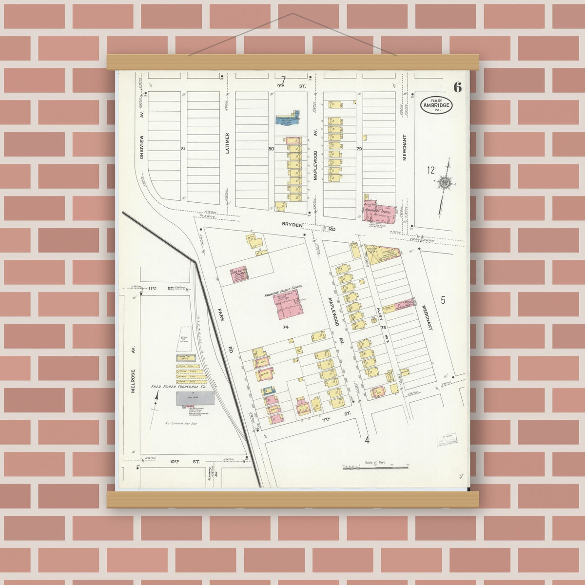 Old map wall art mockup — magnetic wood frame on brick wall — Sanborn Fire Insurance Map from Ambridge, Beaver County, Pennsylvania (1911), Sheet #0006