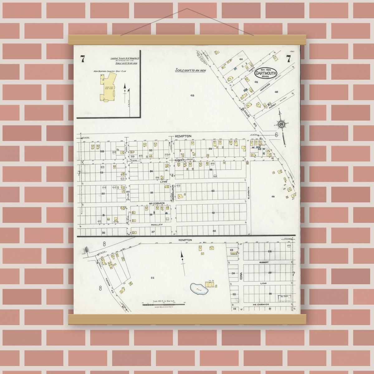 Old map wall art mockup — magnetic wood frame on brick wall — Sanborn Fire Insurance Map from Dartmouth, Bristol County, Massachusetts (1924), Sheet #0007