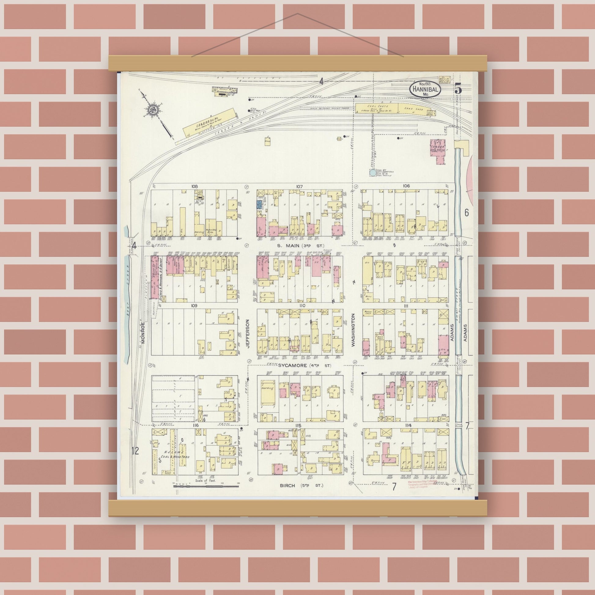 Old map wall art mockup — magnetic wood frame on brick wall — Sanborn Fire Insurance Map from Hannibal, Marion County, Missouri (1913), Sheet #0005