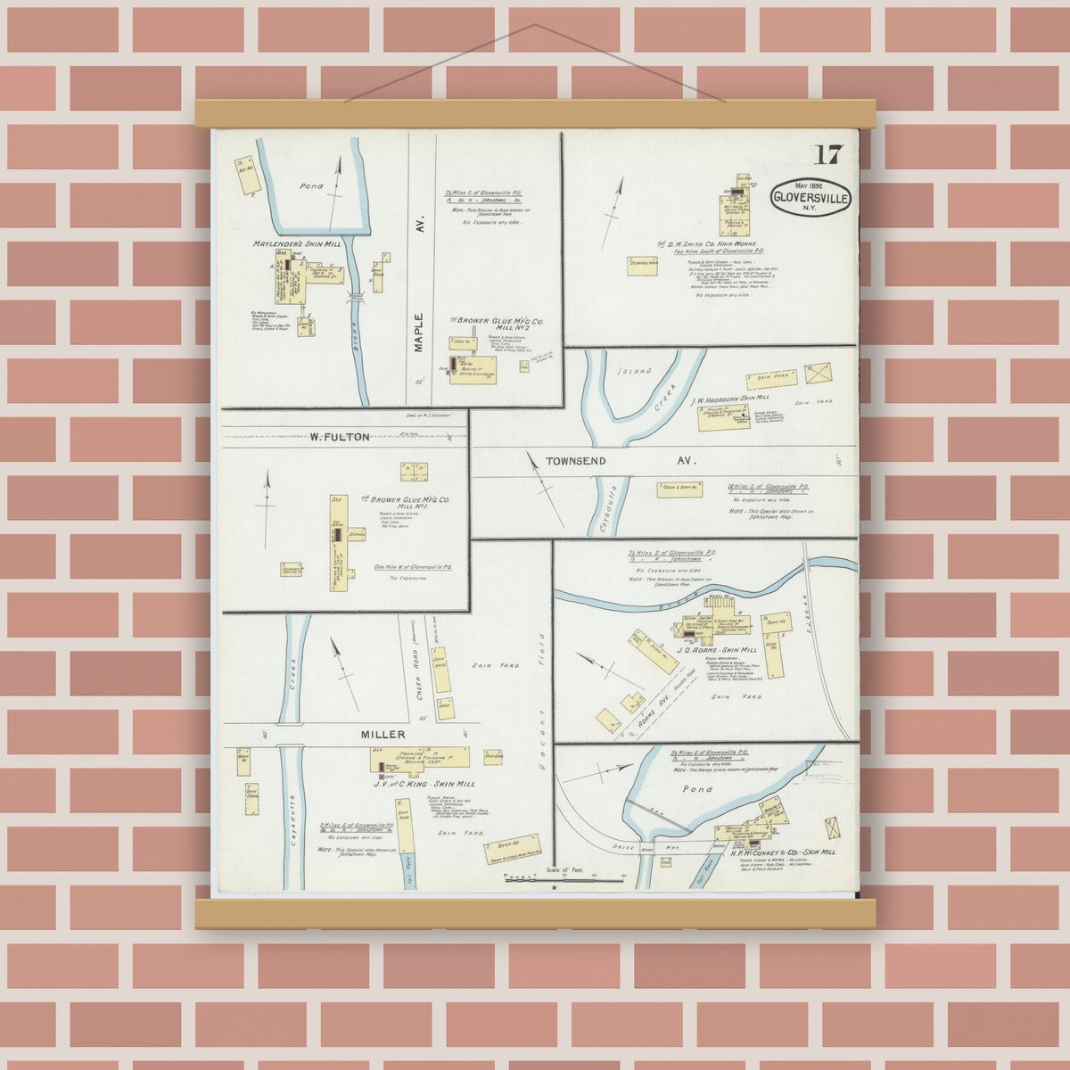 Old map wall art mockup — magnetic wood frame on brick wall — Sanborn Fire Insurance Map from Gloversville, Fulton County, New York (1892), Sheet #0017
