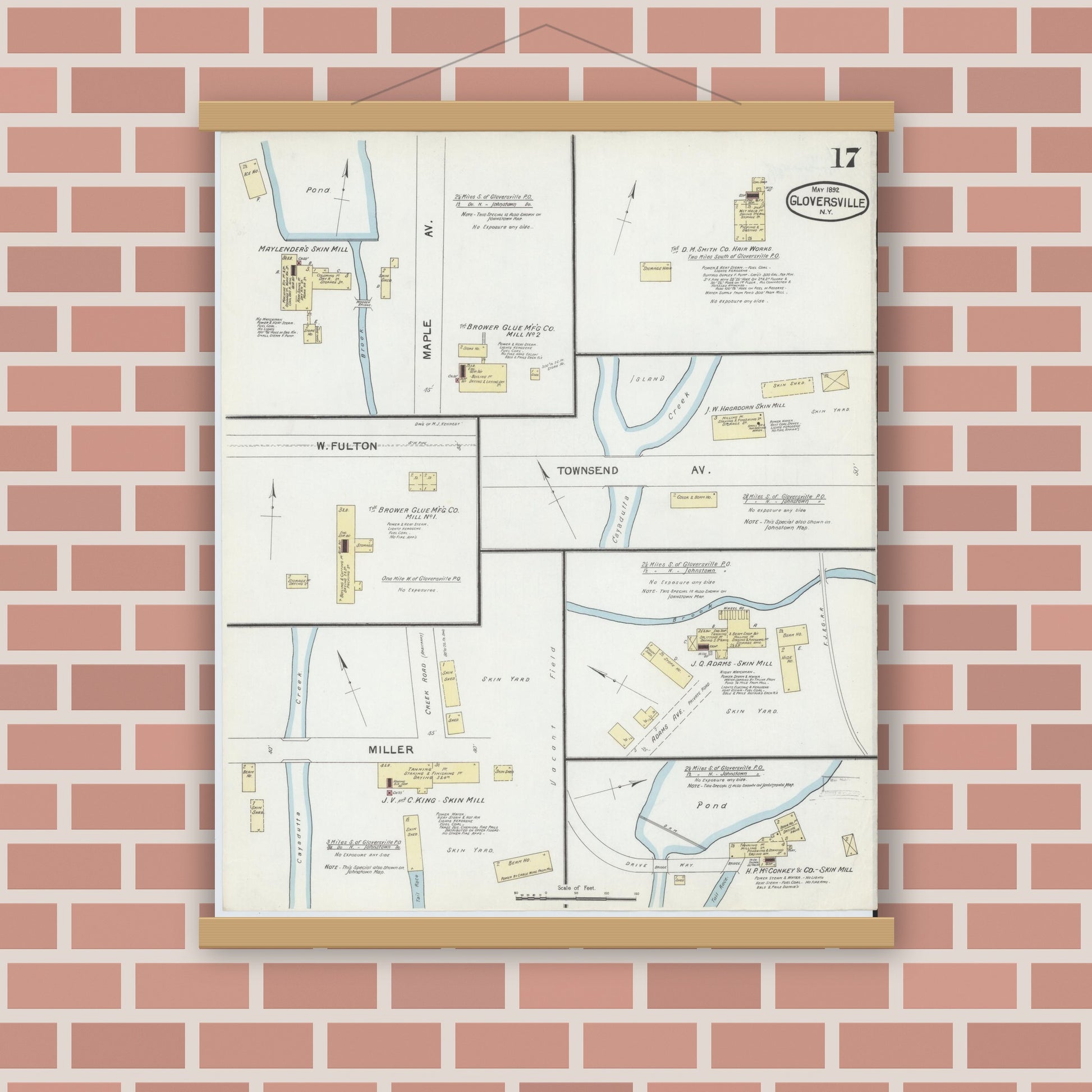 Old map wall art mockup — magnetic wood frame on brick wall — Sanborn Fire Insurance Map from Gloversville, Fulton County, New York (1892), Sheet #0017