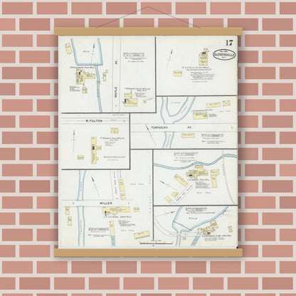 Old map wall art mockup — magnetic wood frame on brick wall — Sanborn Fire Insurance Map from Gloversville, Fulton County, New York (1892), Sheet #0017