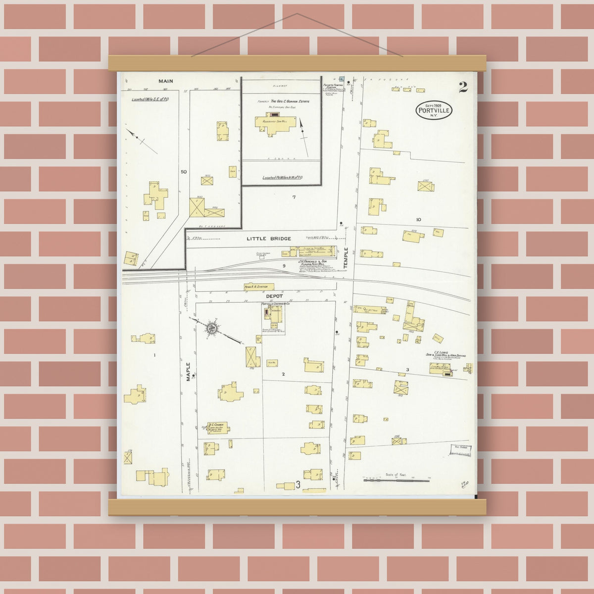 Old map wall art mockup — magnetic wood frame on brick wall — Sanborn Fire Insurance Map from Portville, Cattaraugus County, New York (1909), Sheet #0002