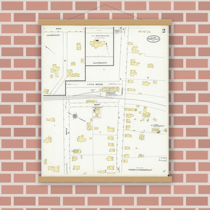Old map wall art mockup — magnetic wood frame on brick wall — Sanborn Fire Insurance Map from Portville, Cattaraugus County, New York (1909), Sheet #0002