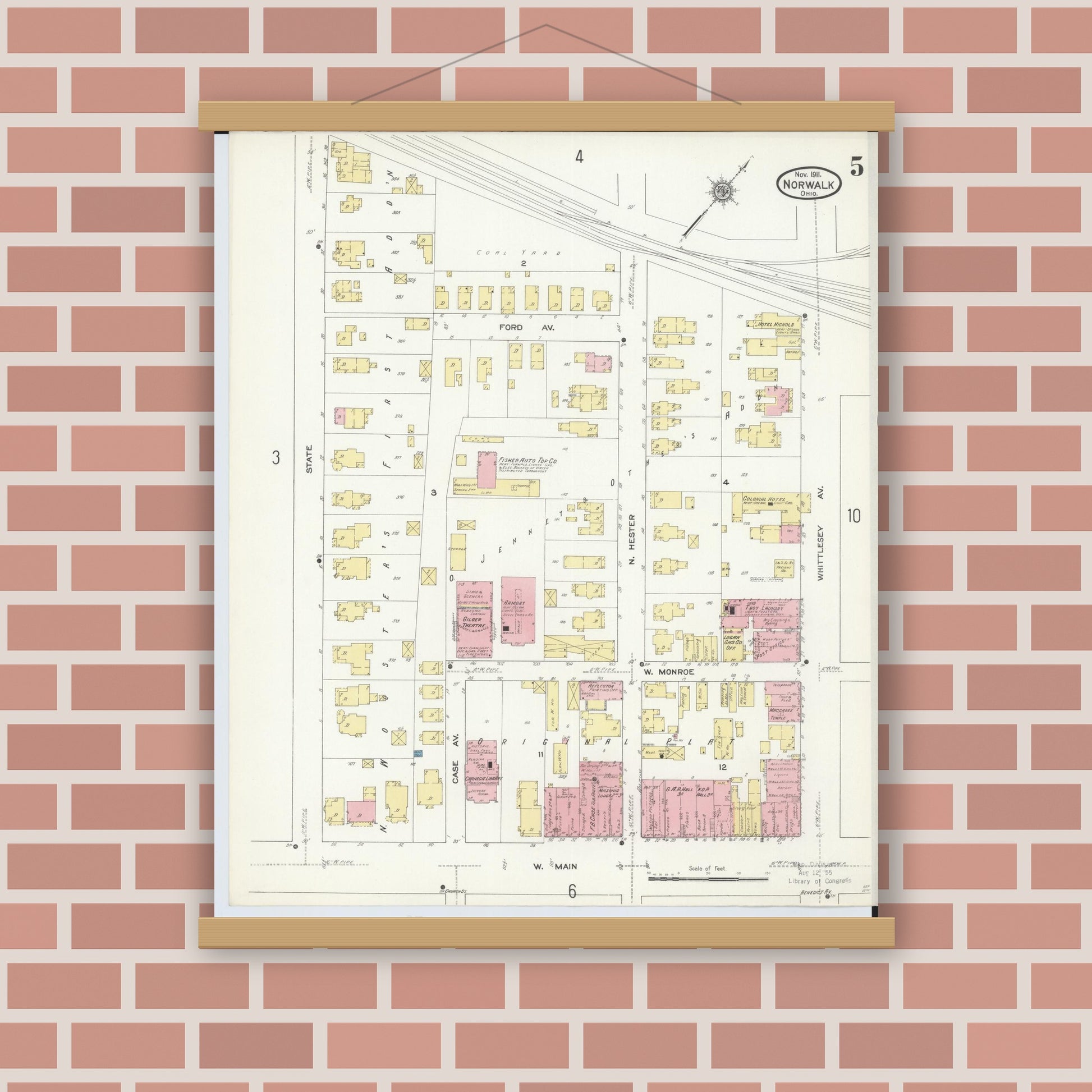 Old map wall art mockup — magnetic wood frame on brick wall — Sanborn Fire Insurance Map from Norwalk, Huron County, Ohio (1911), Sheet #0005