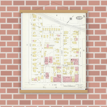 Old map wall art mockup — magnetic wood frame on brick wall — Sanborn Fire Insurance Map from Norwalk, Huron County, Ohio (1911), Sheet #0005