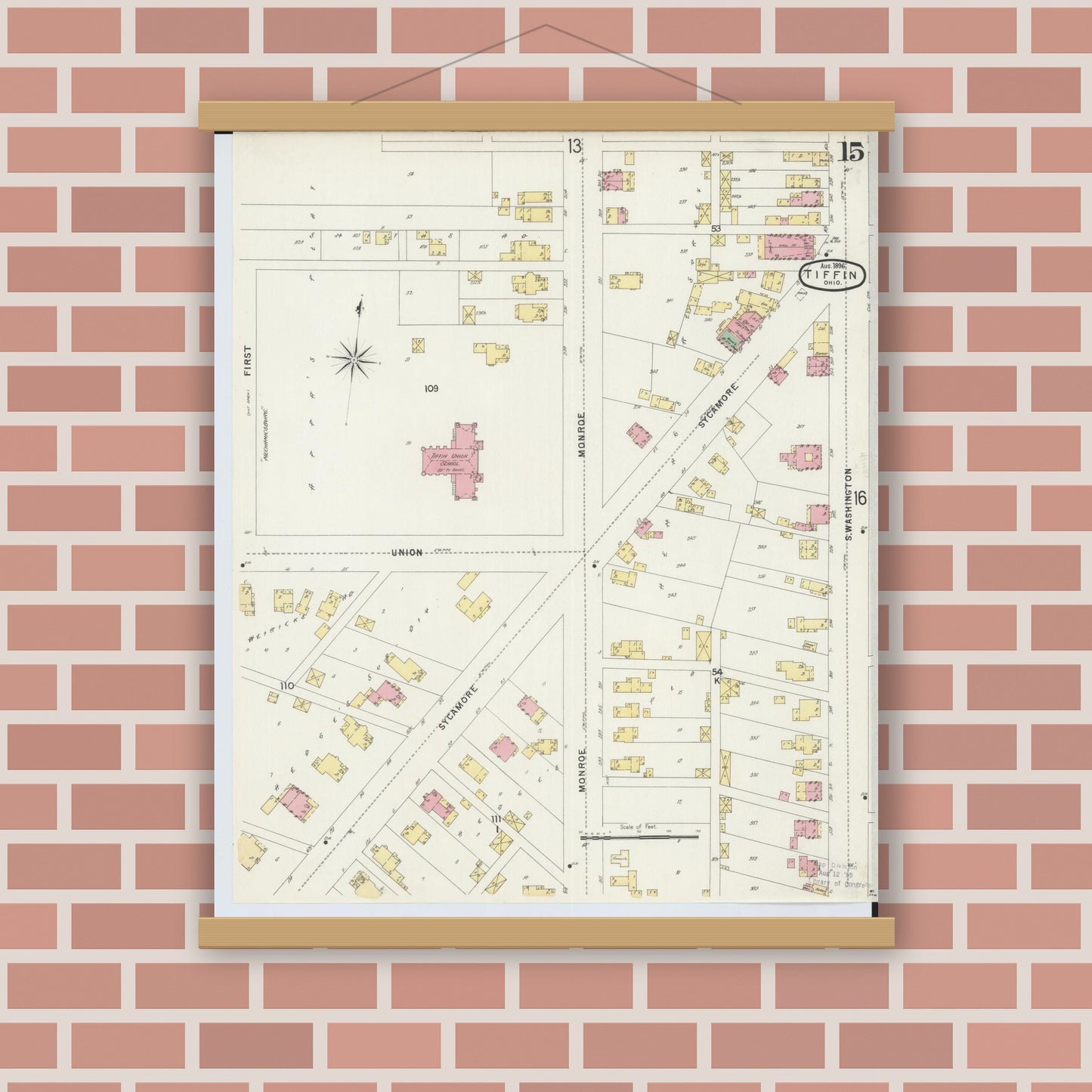 Old map wall art mockup — magnetic wood frame on brick wall — Sanborn Fire Insurance Map from Tiffin, Seneca County, Ohio (1896), Sheet #0015