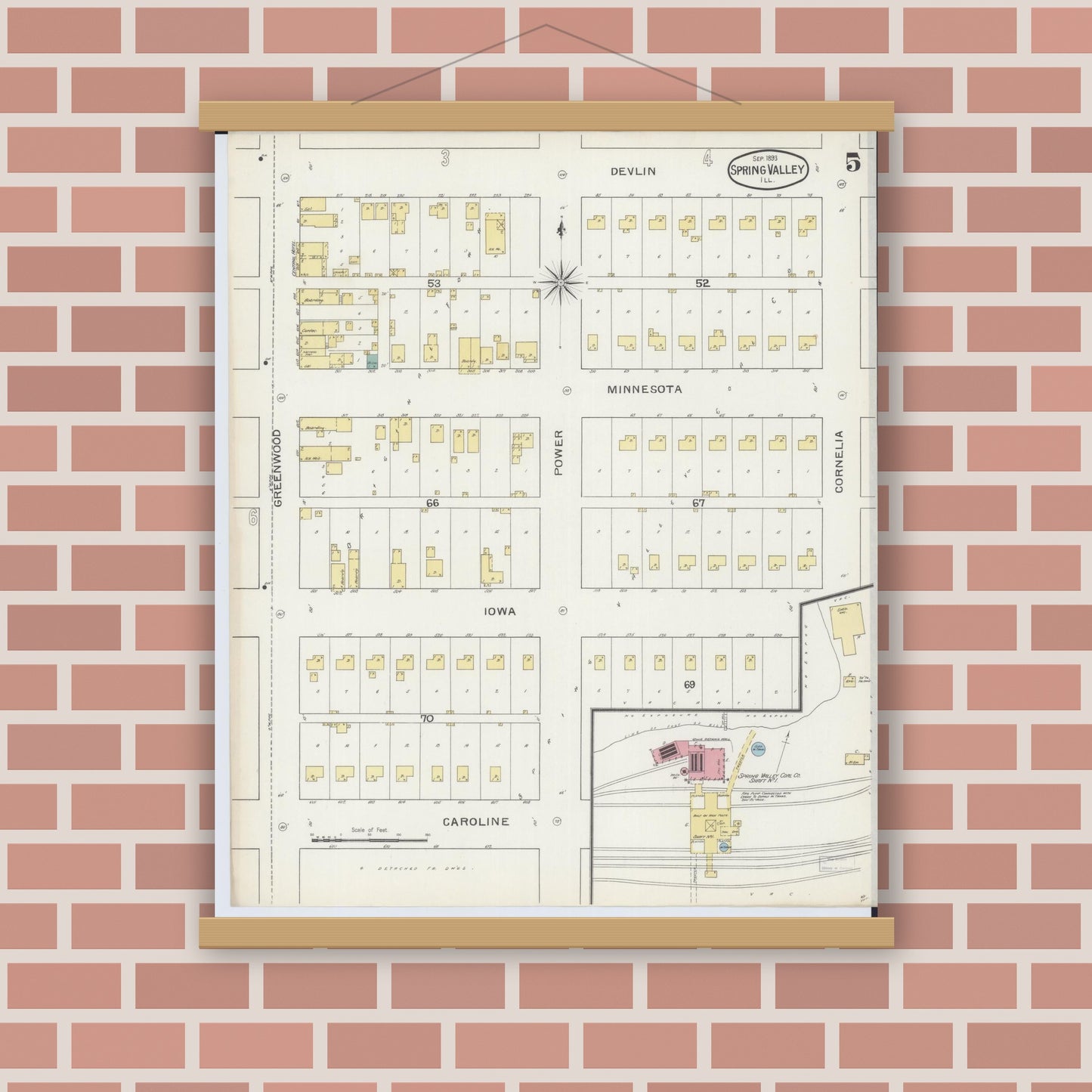 Old map wall art mockup — magnetic wood frame on brick wall — Sanborn Fire Insurance Map from Spring Valley, Bureau County, Illinois (1893), Sheet #0005
