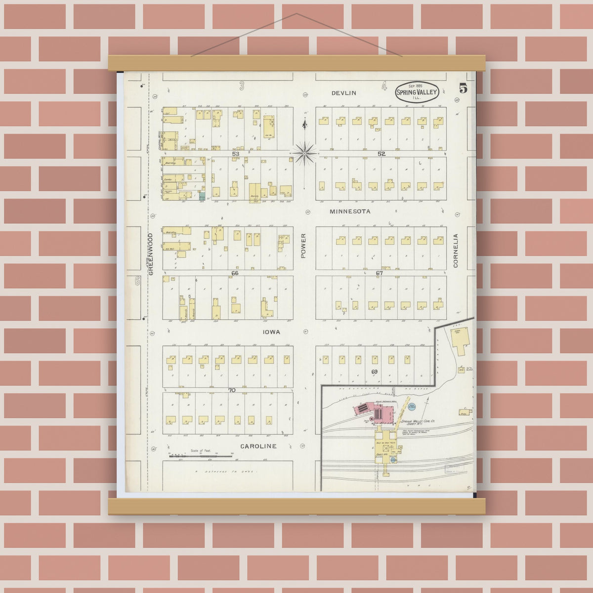 Old map wall art mockup — magnetic wood frame on brick wall — Sanborn Fire Insurance Map from Spring Valley, Bureau County, Illinois (1893), Sheet #0005