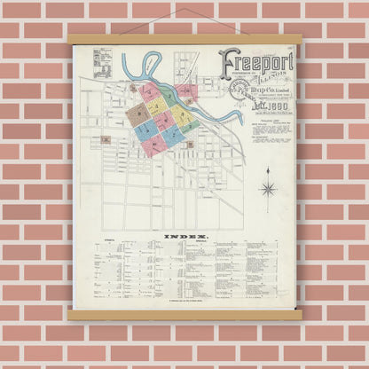 Old map wall art mockup — magnetic wood frame on brick wall — Sanborn Fire Insurance Map from Freeport, Stephenson County, Illinois (1890), Sheet #0001