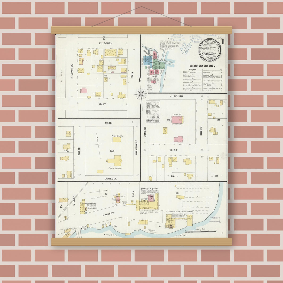Old map wall art mockup — magnetic wood frame on brick wall — Sanborn Fire Insurance Map from Kewaunee, Kewaunee County, Wisconsin (1898), Sheet #0001