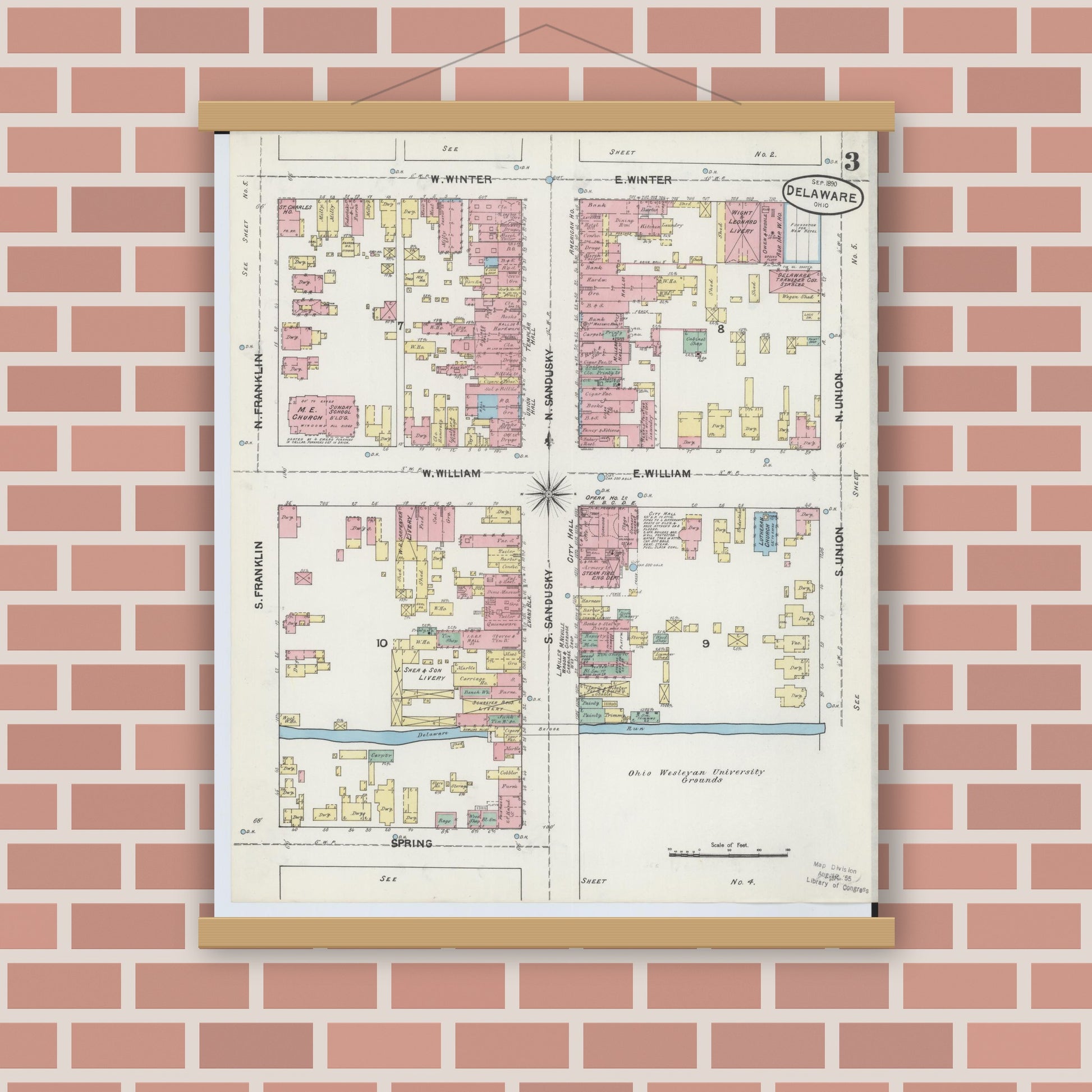 Old map wall art mockup — magnetic wood frame on brick wall — Sanborn Fire Insurance Map from Delaware, Delaware County, Ohio (1890), Sheet #0003