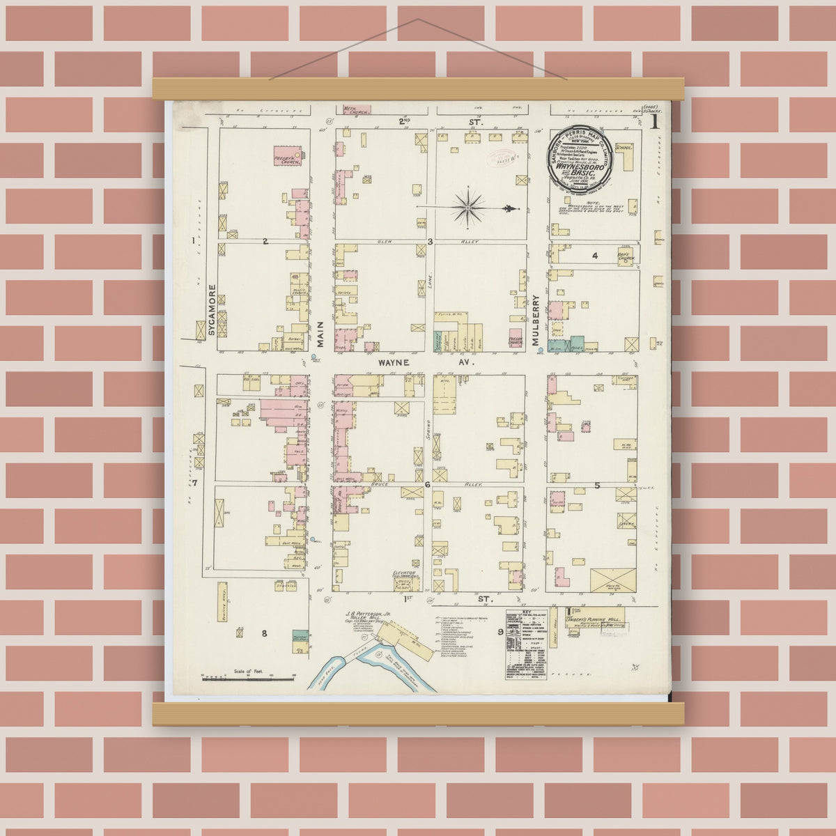 Old map wall art mockup — magnetic wood frame on brick wall — Sanborn Fire Insurance Map from Waynesboro, Independent Cities, Virginia (1891) - Complete Map Set