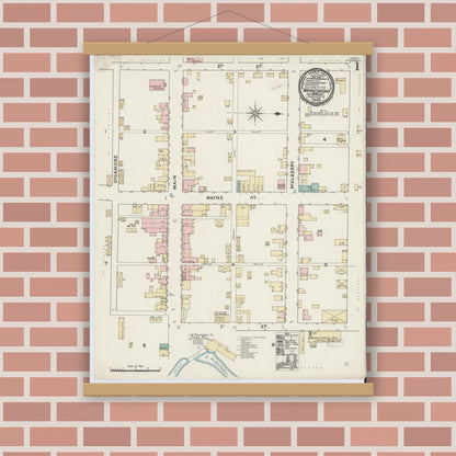 Old map wall art mockup — magnetic wood frame on brick wall — Sanborn Fire Insurance Map from Waynesboro, Independent Cities, Virginia (1891) - Complete Map Set