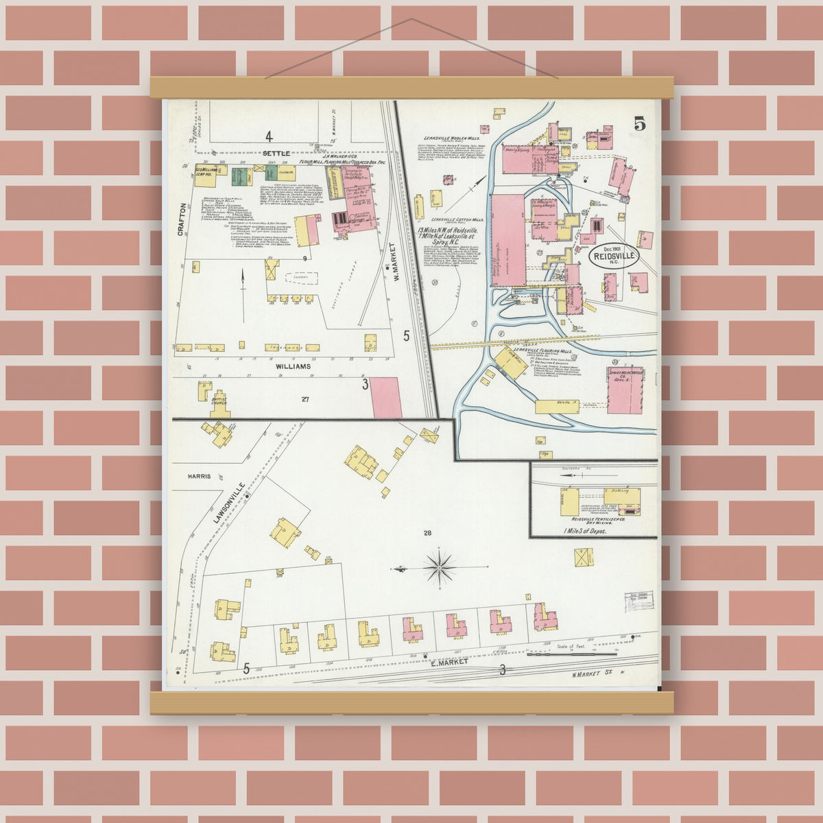 Old map wall art mockup — magnetic wood frame on brick wall — Sanborn Fire Insurance Map from Reidsville, Rockingham County, North Carolina (1901), Sheet #0005