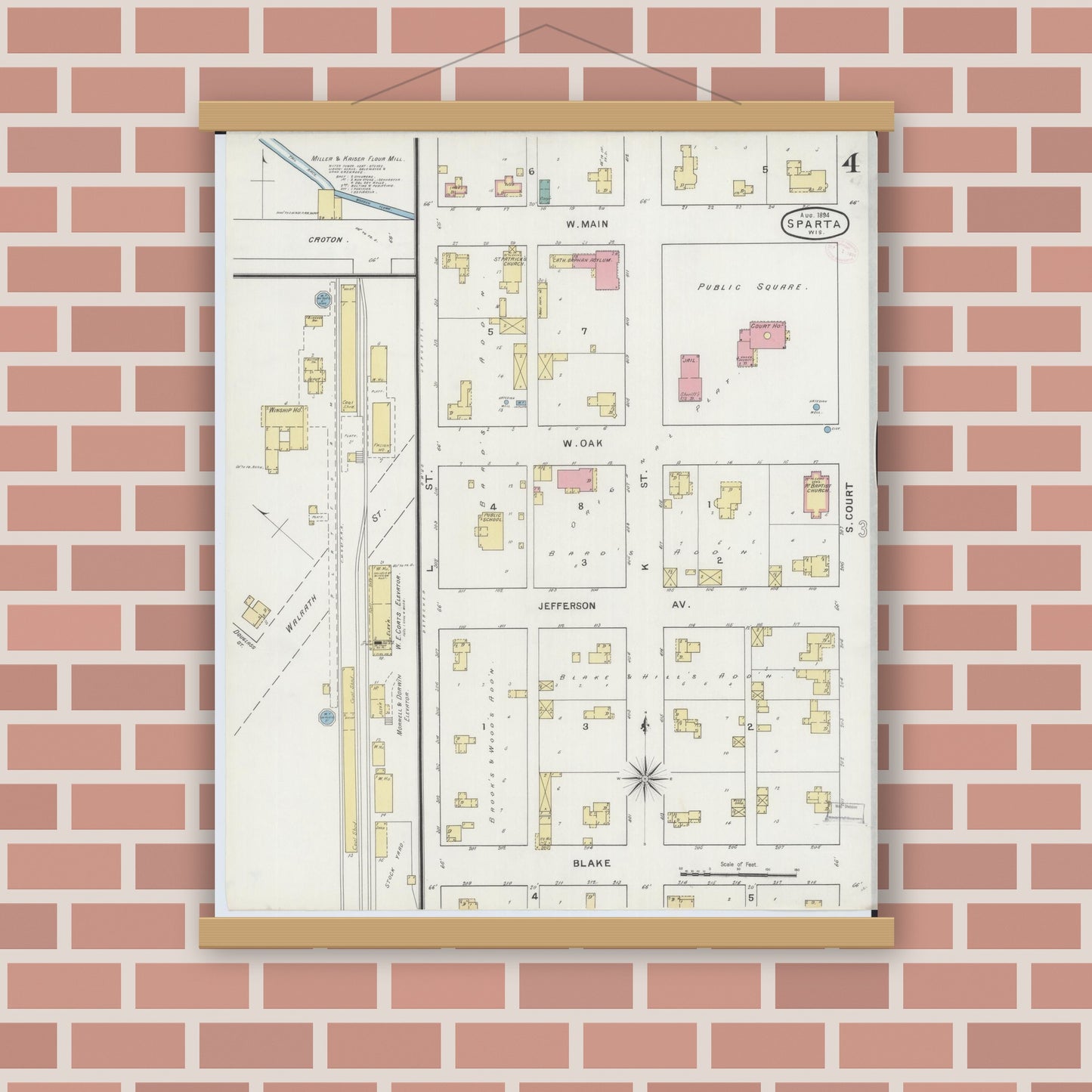Old map wall art mockup — magnetic wood frame on brick wall — Sanborn Fire Insurance Map from Sparta, Monroe County, Wisconsin (1894), Sheet #0004