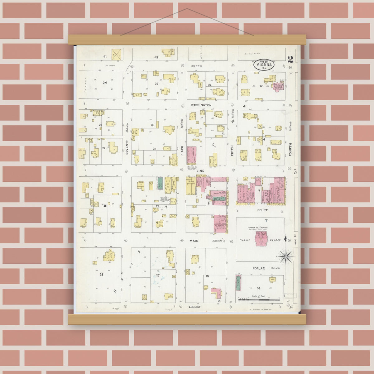 Old map wall art mockup — magnetic wood frame on brick wall — Sanborn Fire Insurance Map from Vienna, Johnson County, Illinois (1907), Sheet #0002