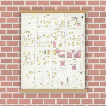 Old map wall art mockup — magnetic wood frame on brick wall — Sanborn Fire Insurance Map from Vienna, Johnson County, Illinois (1907), Sheet #0002