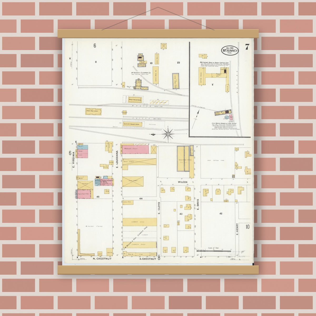 Old map wall art mockup — magnetic wood frame on brick wall — Sanborn Fire Insurance Map from McKinney, Collin County, Texas (1908), Sheet #0007