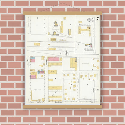 Old map wall art mockup — magnetic wood frame on brick wall — Sanborn Fire Insurance Map from McKinney, Collin County, Texas (1908), Sheet #0007