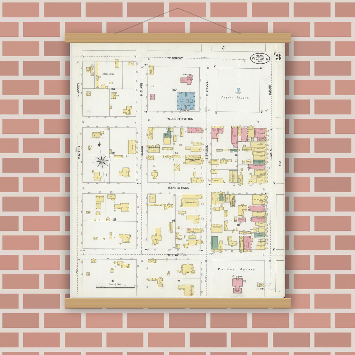 Old map wall art mockup — magnetic wood frame on brick wall — Sanborn Fire Insurance Map from Victoria, Victoria County, Texas (1902), Sheet #0003