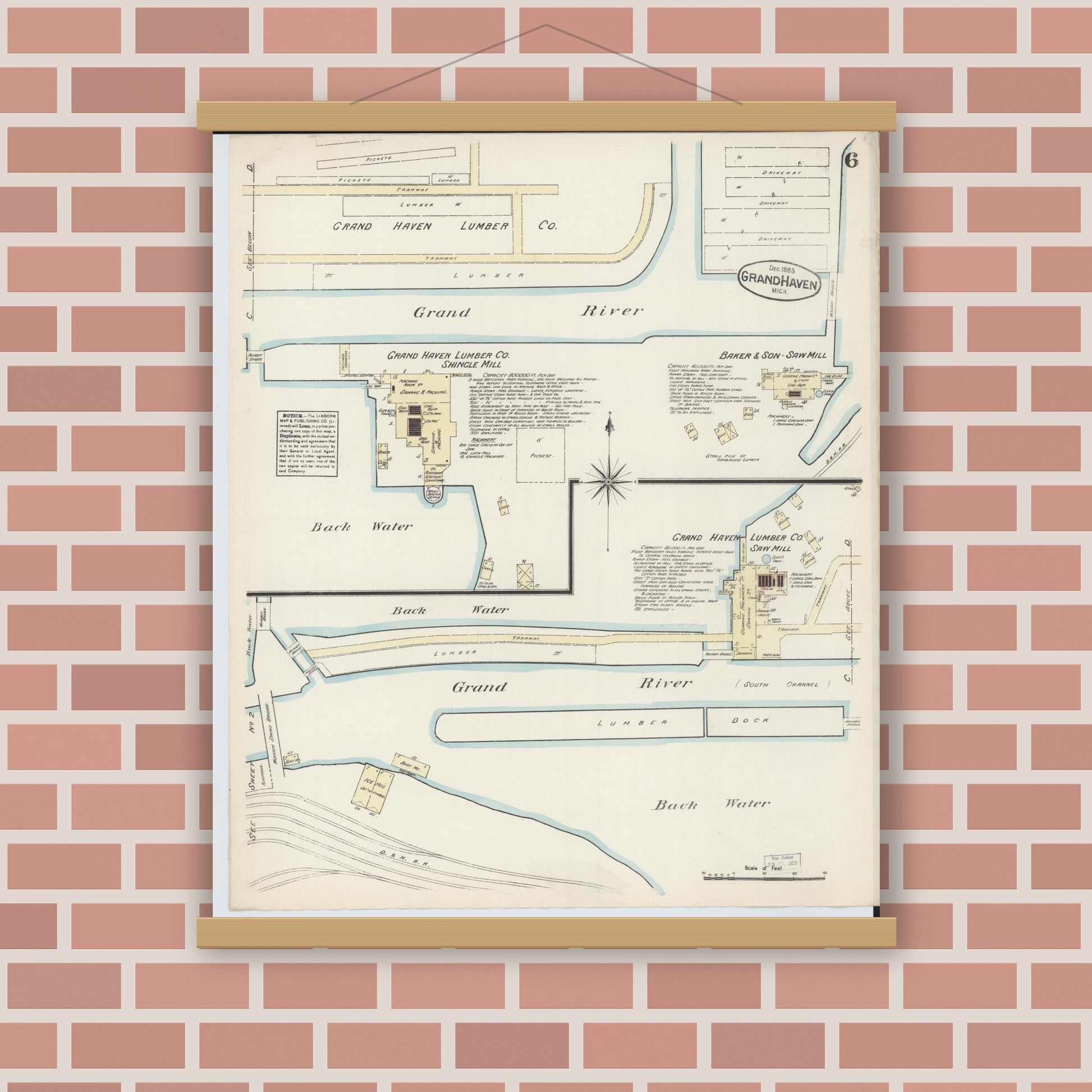 Old map wall art mockup — magnetic wood frame on brick wall — Sanborn Fire Insurance Map from Grand Haven, Ottawa County, Michigan (1883), Sheet #0006