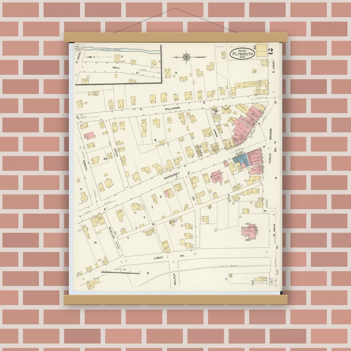 Old map wall art mockup — magnetic wood frame on brick wall — Sanborn Fire Insurance Map from Plymouth, Huron And Richland Counties, Ohio (1911), Sheet #0002