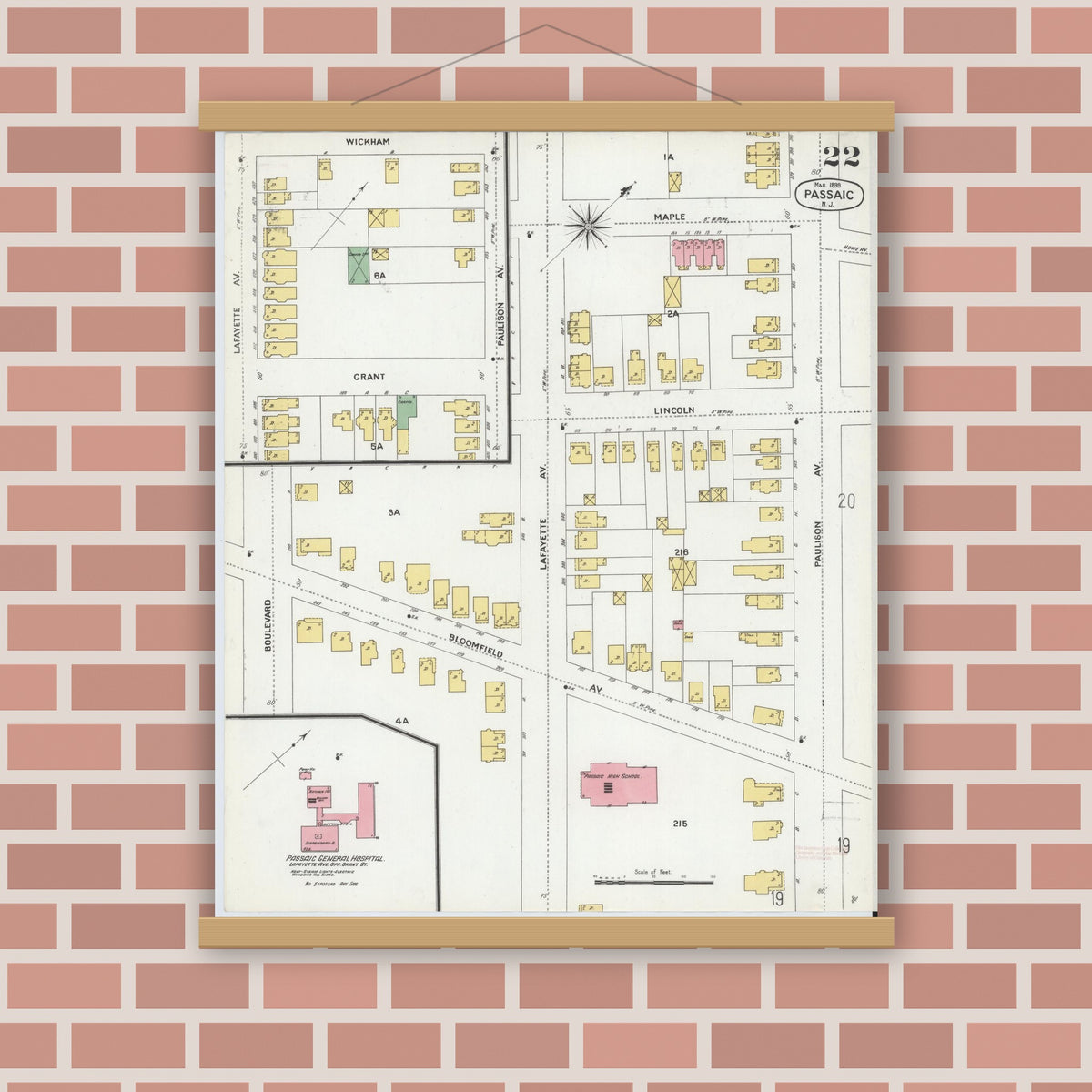 Old map wall art mockup — magnetic wood frame on brick wall — Sanborn Fire Insurance Map from Passaic, Passaic County, New Jersey (1899), Sheet #0022