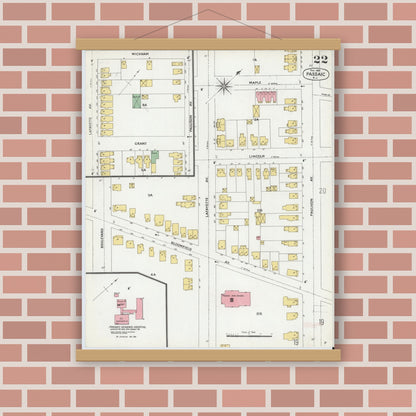 Old map wall art mockup — magnetic wood frame on brick wall — Sanborn Fire Insurance Map from Passaic, Passaic County, New Jersey (1899), Sheet #0022
