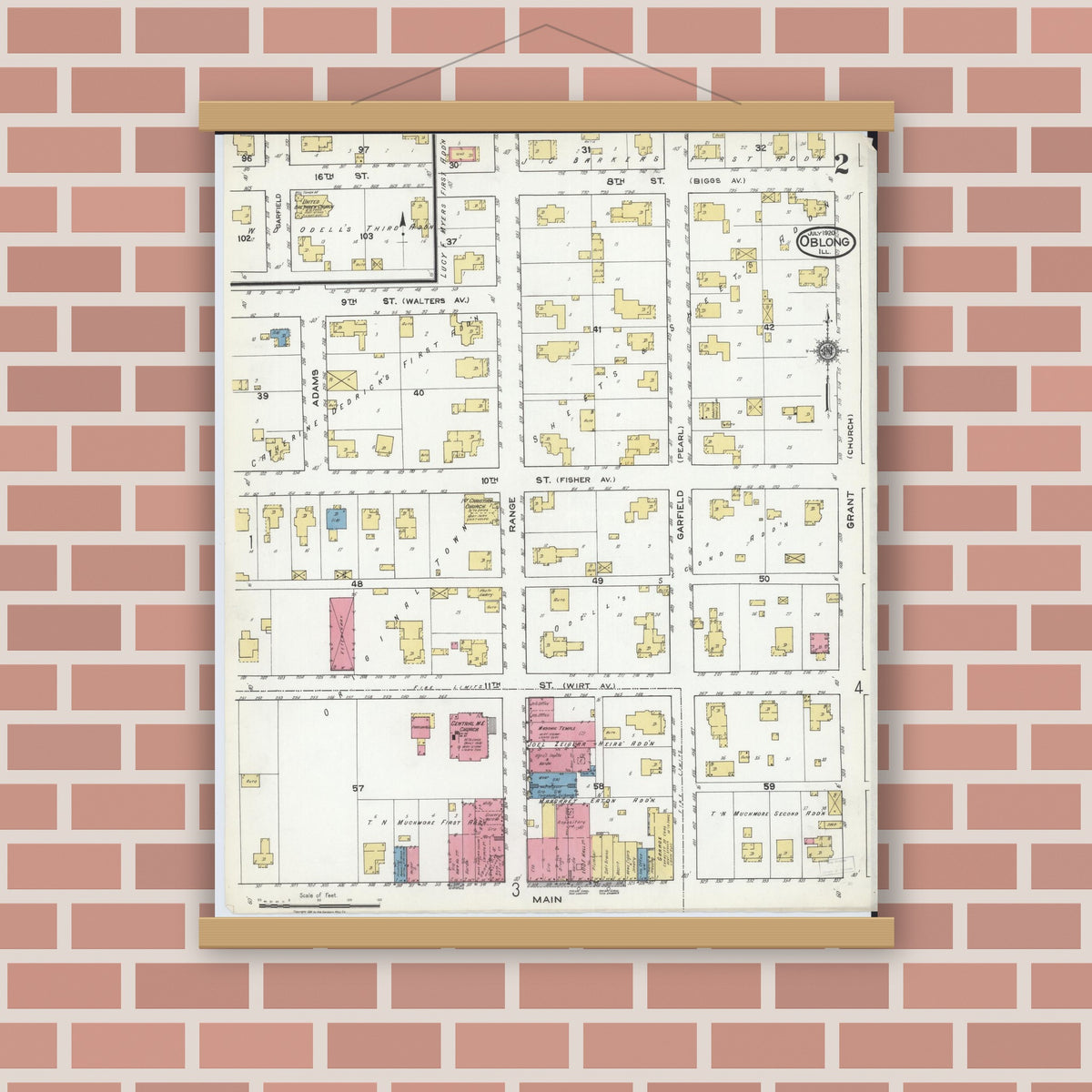 Old map wall art mockup — magnetic wood frame on brick wall — Sanborn Fire Insurance Map from Oblong, Crawford County, Illinois (1920), Sheet #0002