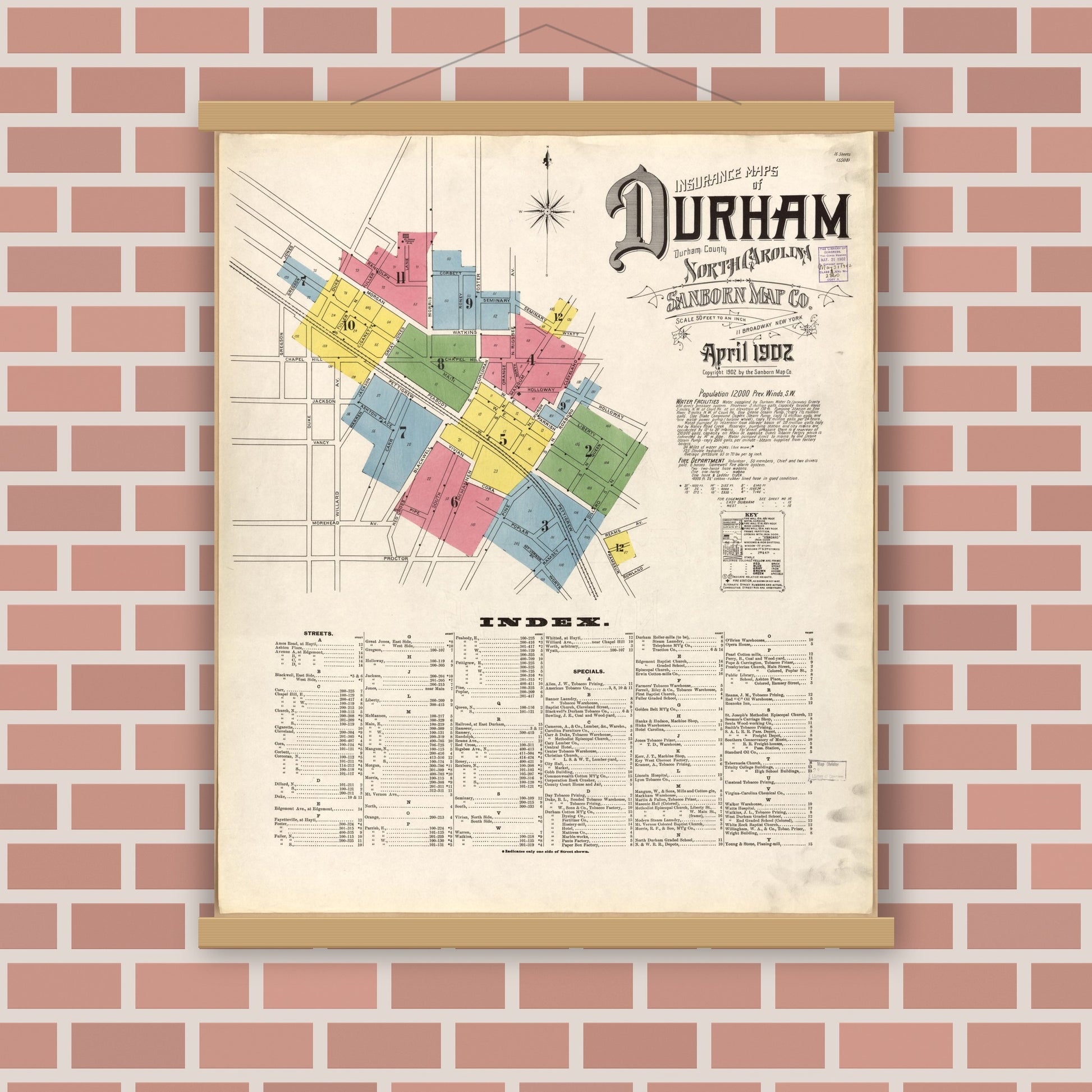 Old map wall art mockup — magnetic wood frame on brick wall — Sanborn Fire Insurance Map from Durham, Durham County, North Carolina (1902), Sheet #0001