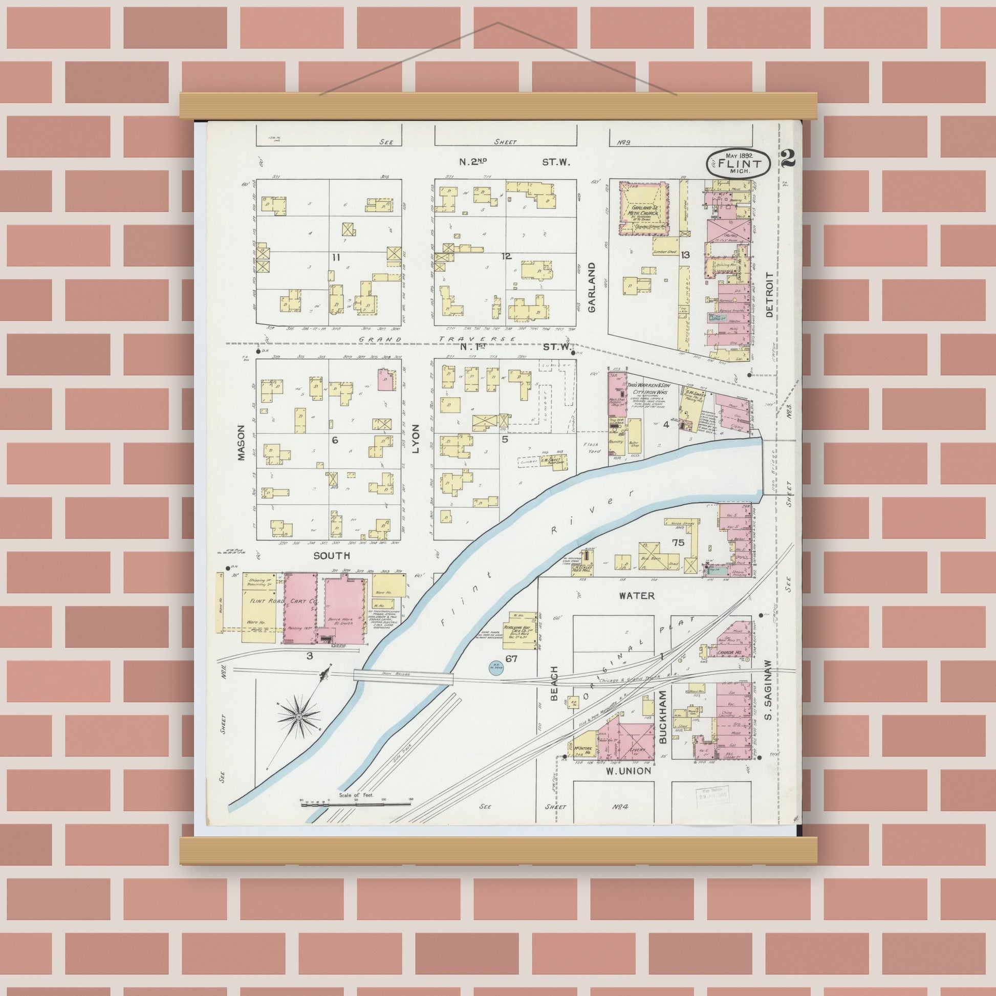 Old map wall art mockup — magnetic wood frame on brick wall — Sanborn Fire Insurance Map from Flint, Genesee County, Michigan (1892), Sheet #0002