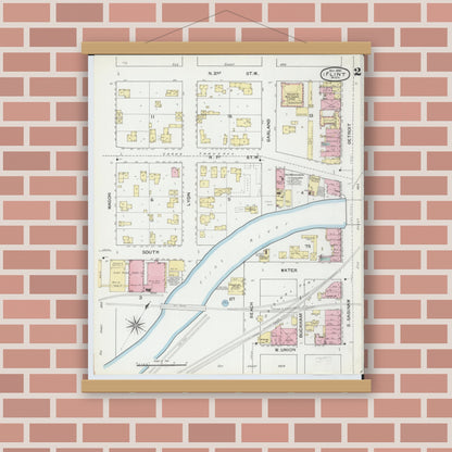 Old map wall art mockup — magnetic wood frame on brick wall — Sanborn Fire Insurance Map from Flint, Genesee County, Michigan (1892), Sheet #0002