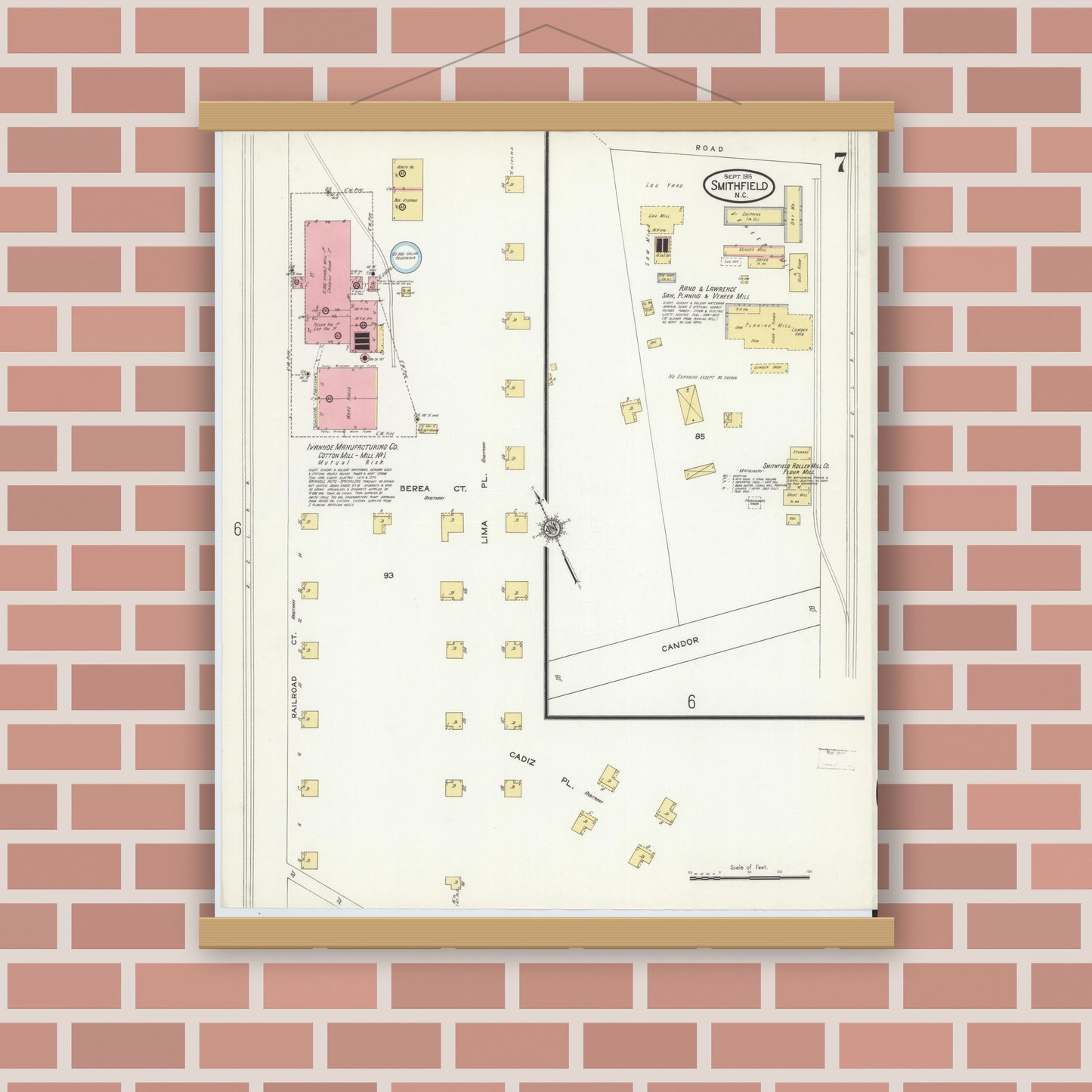 Old map wall art mockup — magnetic wood frame on brick wall — Sanborn Fire Insurance Map from Smithfield, Johnston County, North Carolina (1915), Sheet #0007