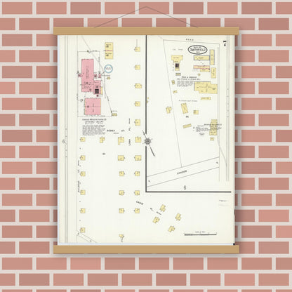 Old map wall art mockup — magnetic wood frame on brick wall — Sanborn Fire Insurance Map from Smithfield, Johnston County, North Carolina (1915), Sheet #0007