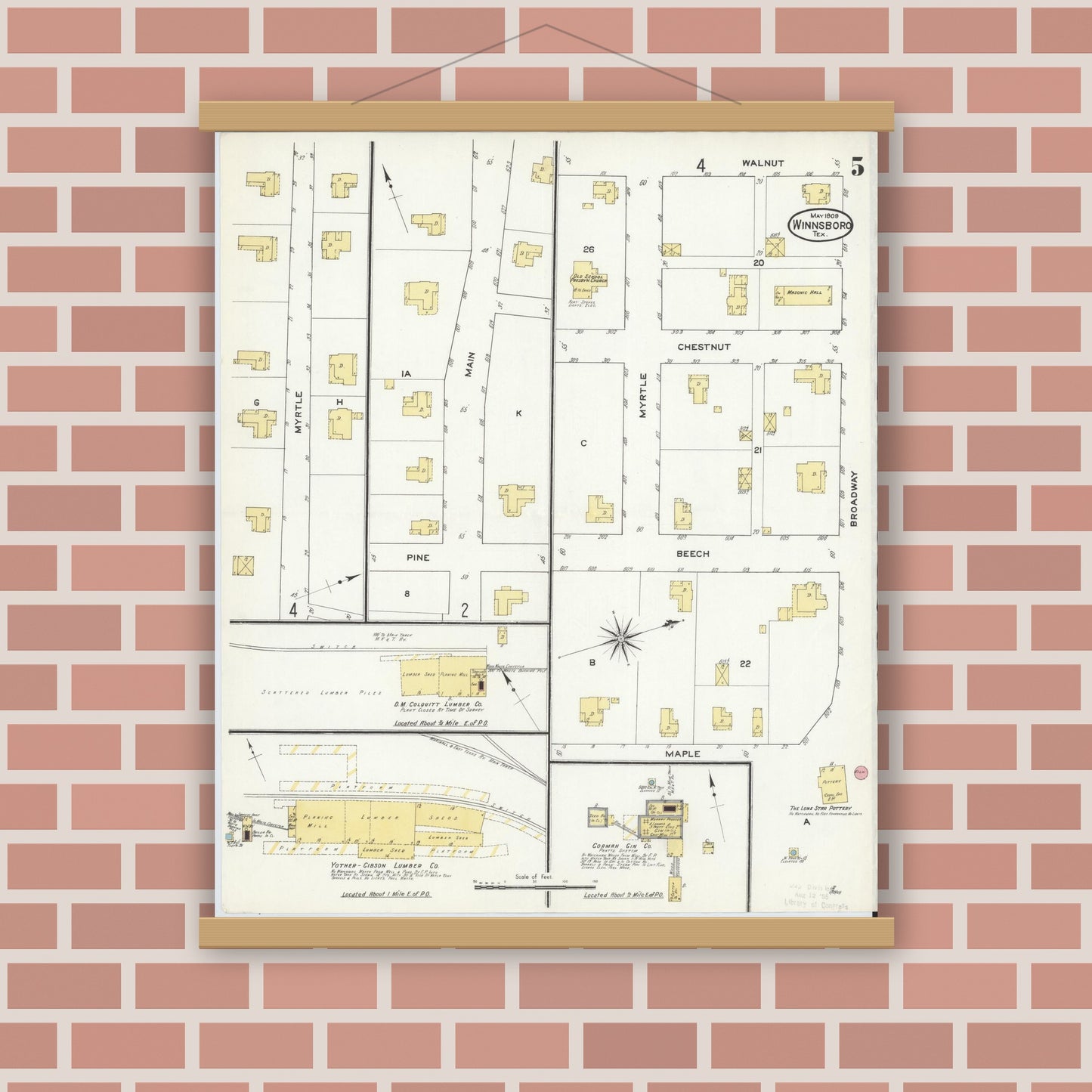 Old map wall art mockup — magnetic wood frame on brick wall — Sanborn Fire Insurance Map from Winnsboro, Wood County, Texas (1909), Sheet #0005
